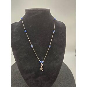 Vintage Cool Jewels Silvertone Dolphin Station Necklace Blue Cat's Eye Beads